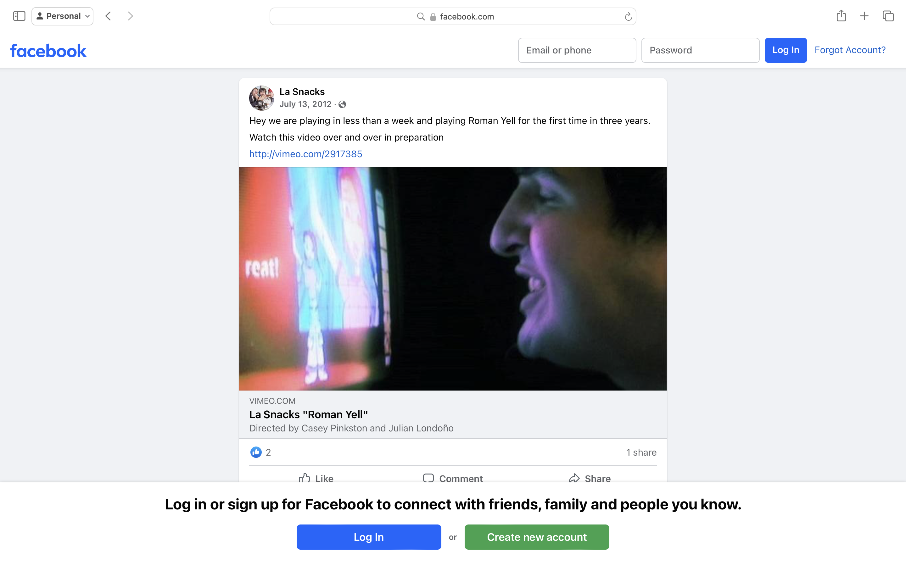 Facebook link from 2012 to Vimeo — to the video for “Roman Yell,” a song by rock band La Snacks, directed by Casey Pinkston and Julian Londoño — link is captioned, “Hey we are playing in less than a week and playing Roman Yell for the first time in three years. Watch this video over and over in preparation.”