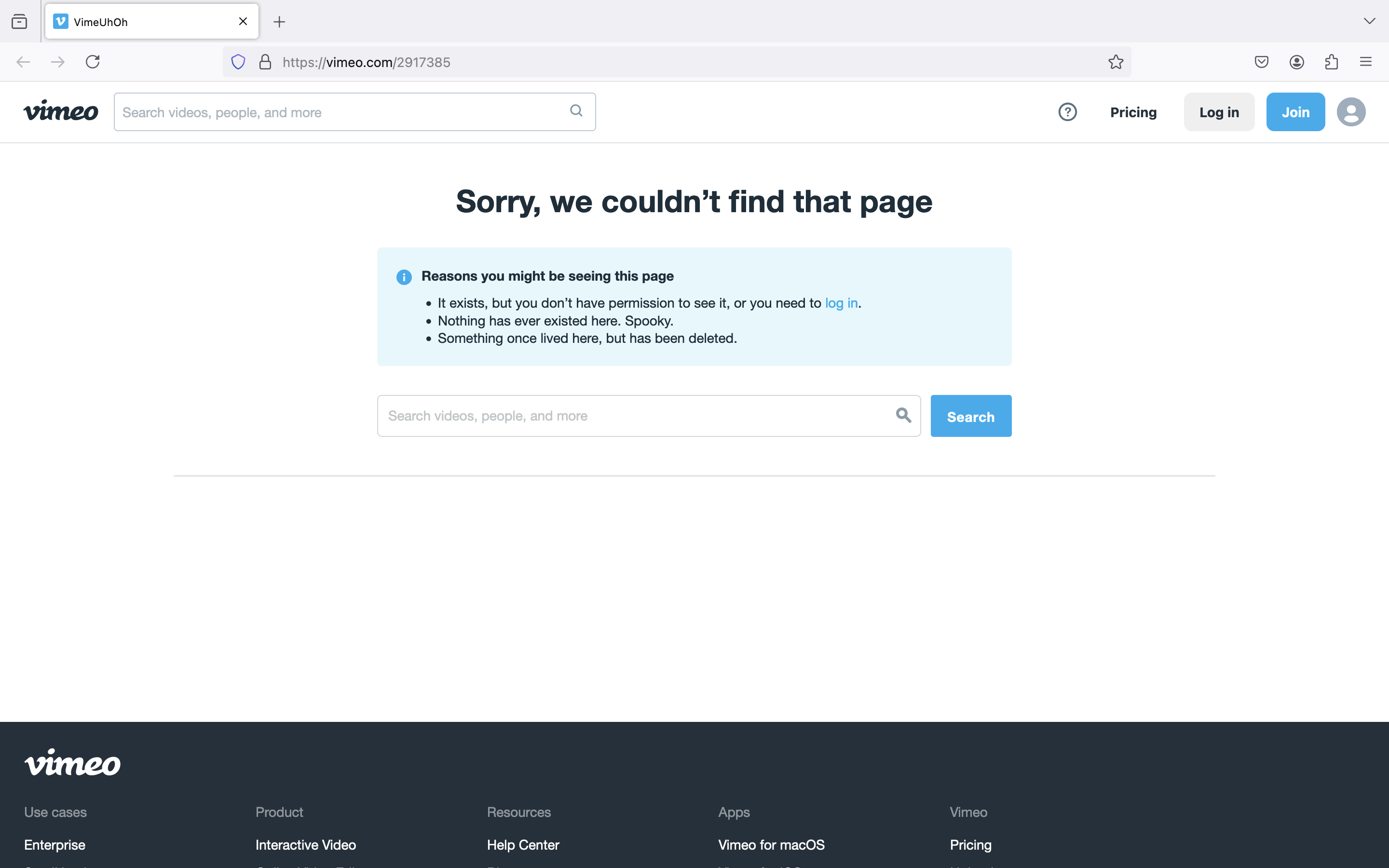 Vimeo says, “Sorry, we couldn't find that page” — for the video for “Roman Yell,” a song by La Snacks.